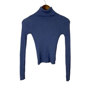 Blue Ribbed Turtleneck Sweater